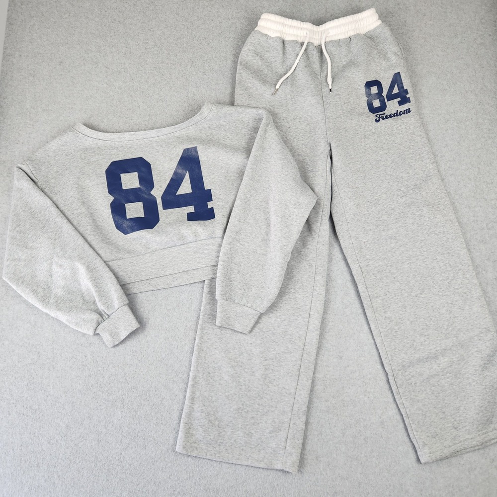 Shein Sweatset Women L Gray 84 Freedom Crop Sweatshirt Wide Leg Sweatpants